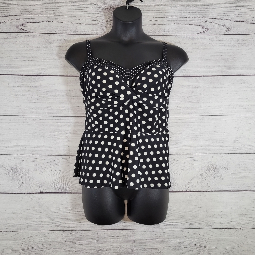 Isaac Mizrahi Live Black Polka Dot Tankini Top with Adjustable Straps Sz 16